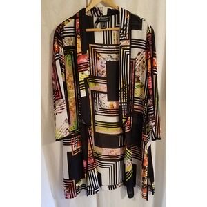 Frank Lyman‎ 16 Abstract Sheer Open Front Ruana Draped Cardigan 3/4 Sleeves Poly